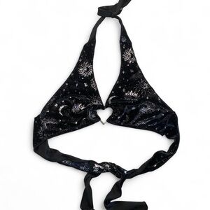 Celestial Heart Ring Halter Crop Top - Black with Silver Moon & Sun Print